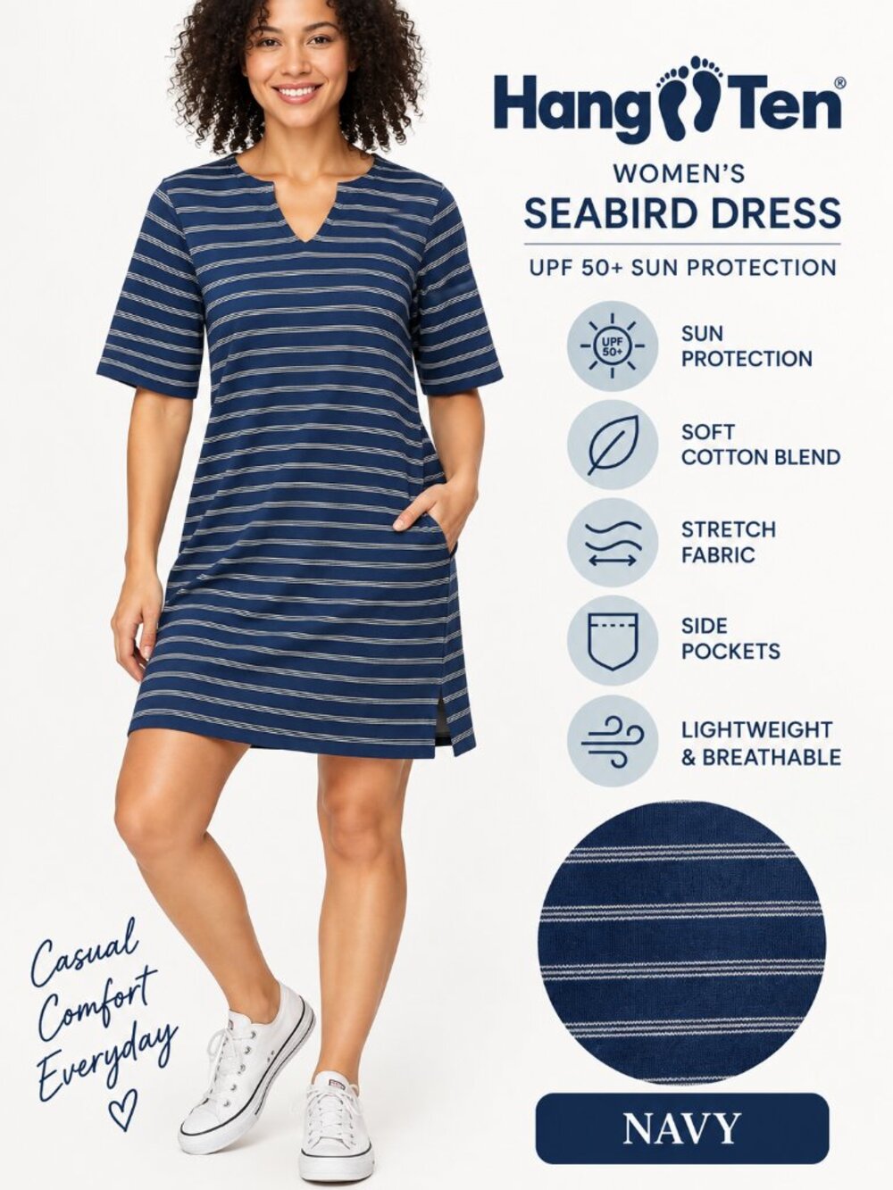 Hang Ten Seabird UPF 50+ Navy Stripe Dress Pockets NWT